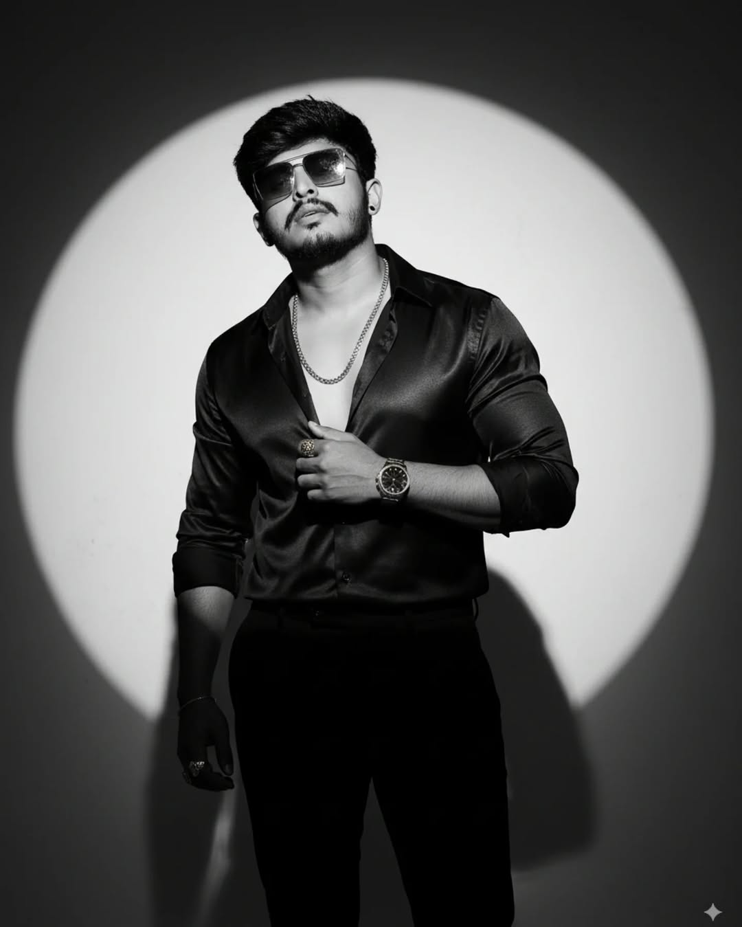 Black & White Fashion Editorial of Me in Silk Shirt Under Dramatic Spotlight with Vintage Cinematic Vibes