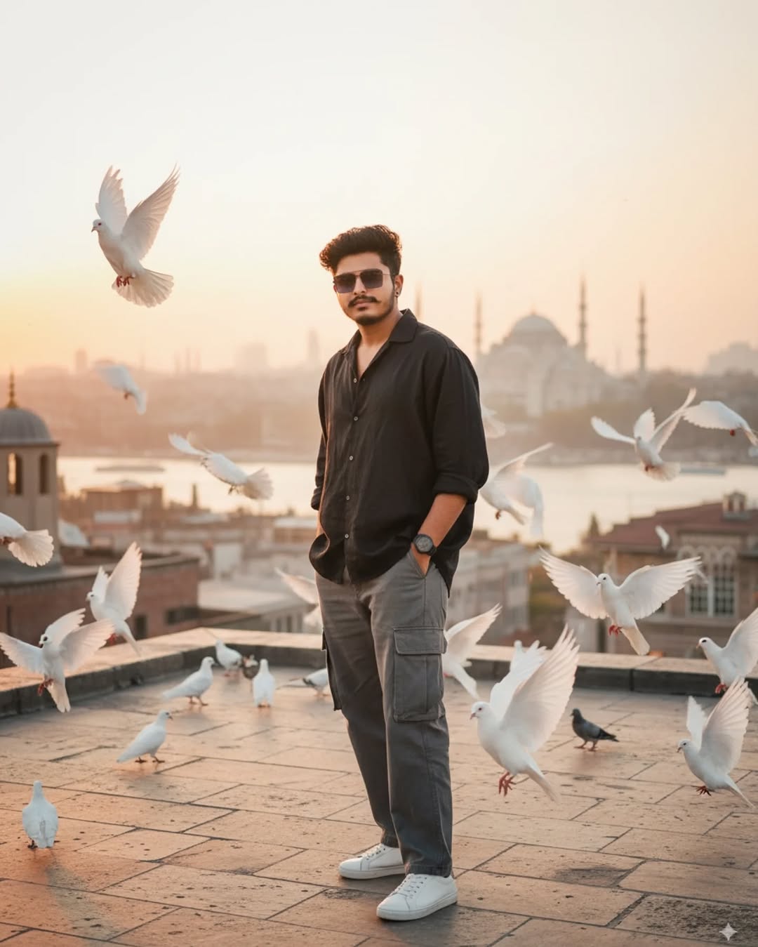 Cinematic 4K Edit of Me on an Istanbul Rooftop with White Pigeons and a Dreamy Skyline Atmosphere