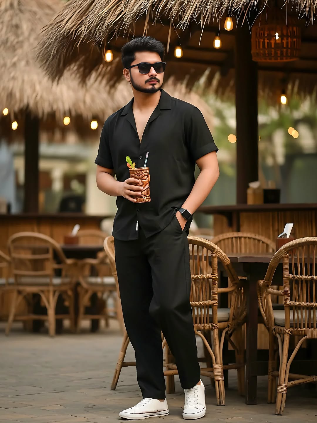 Hyper-Realistic 4K Portrait of a Stylish Young Indian Man in a Tropical Café Setting with Confident Summer Vibes