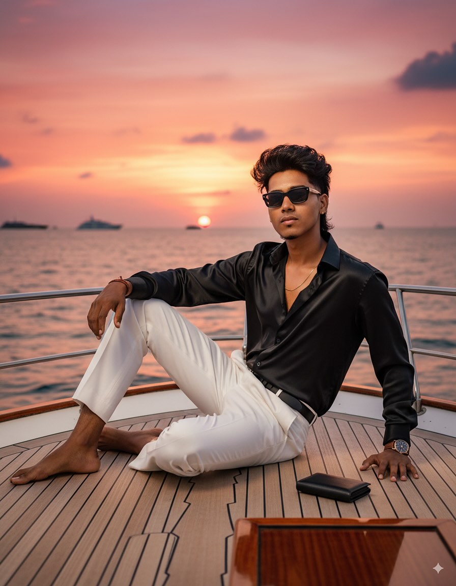 Ultra-Realistic 8K Cinematic Yacht Portrait of Me Reclining at Sunset in Flowing Silk Shirt and Tailored White Trousers