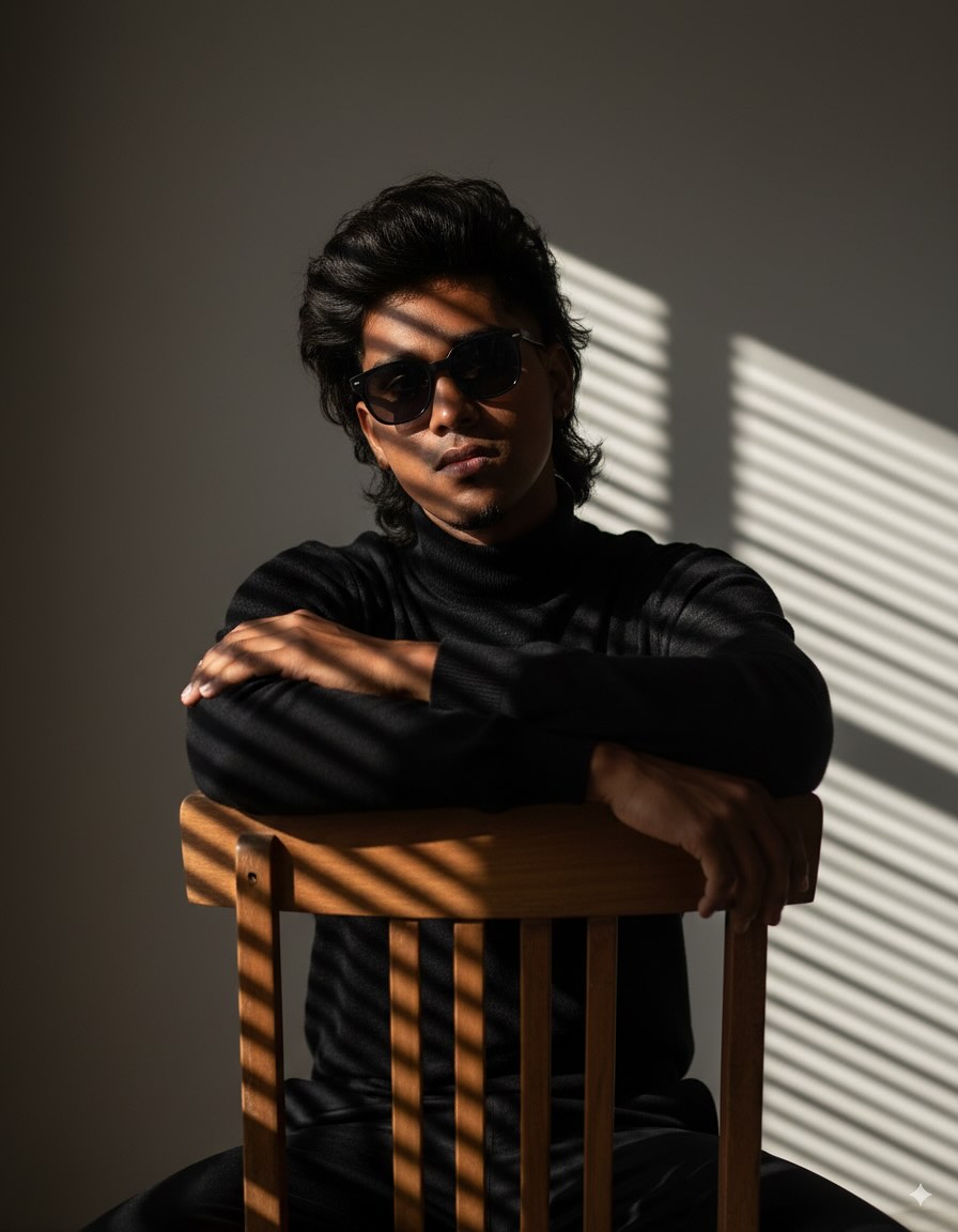 Ultra-Detailed 8K Cinematic Portrait of Me in Turtleneck and Sunglasses with Dramatic Blinds Lighting and Editorial Mood