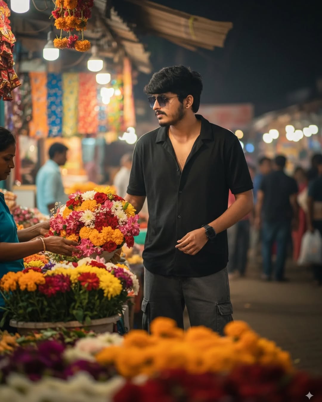 Night Market Portrait of Me Buying Flowers with Sharp Focus and Cinematic Blurred Foreground Perspective