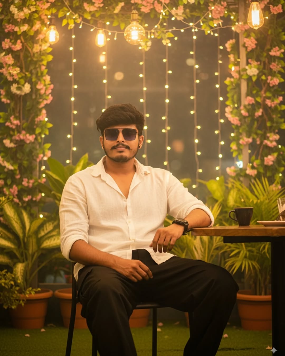 Cinematic Night Portrait of Me at a Dreamy Outdoor Café Surrounded by Lights and Lush Greenery