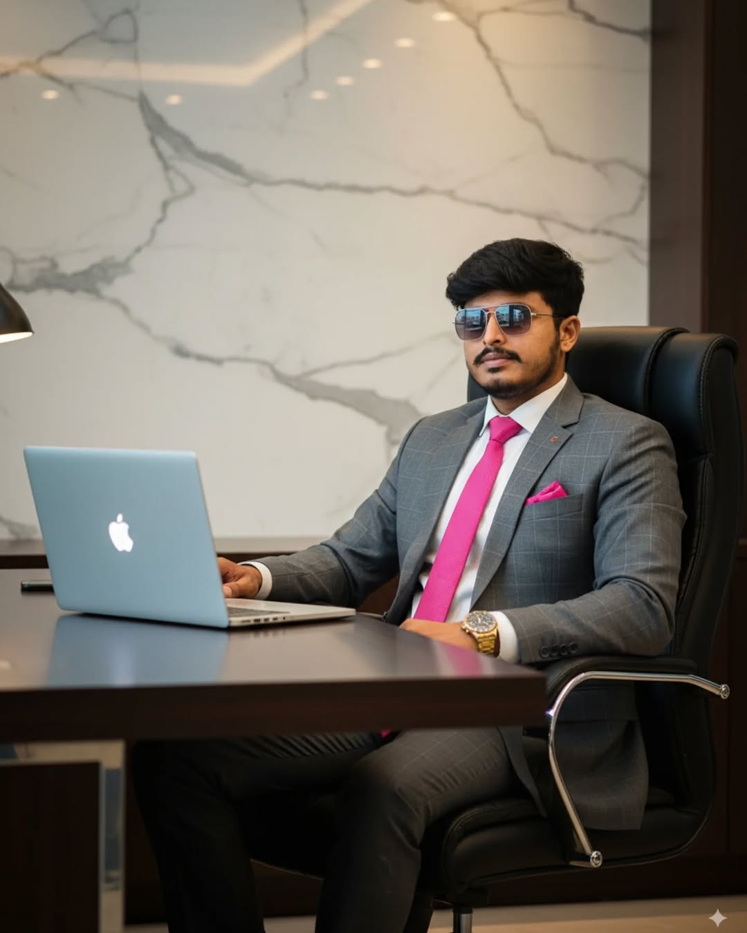 Ultra-Realistic 8K Portrait of a Confident Businessman in Uday Creations Office with Powerful Cinematic Ambience