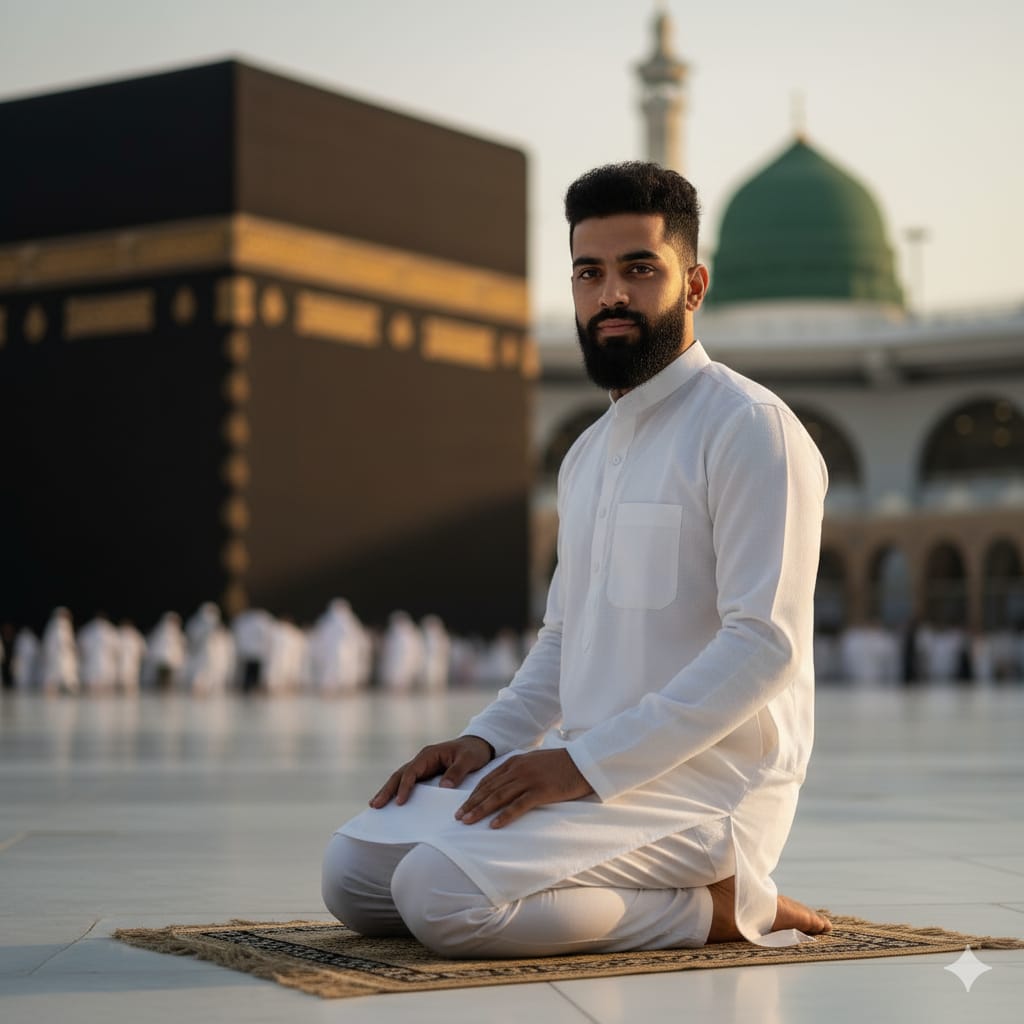 A Devotional Portrait Before the Kaaba and Green Dome