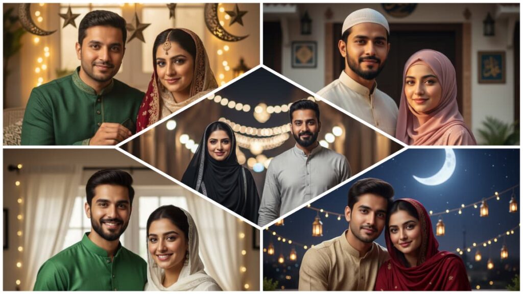 Couple in traditional Islamic attire.